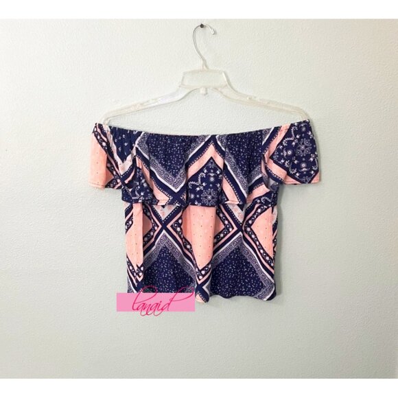 Cotton On Sabrina Off Shoulder Top Pink Blue Ruffle Bardot Bandana Shoulderless - Picture 3 of 6